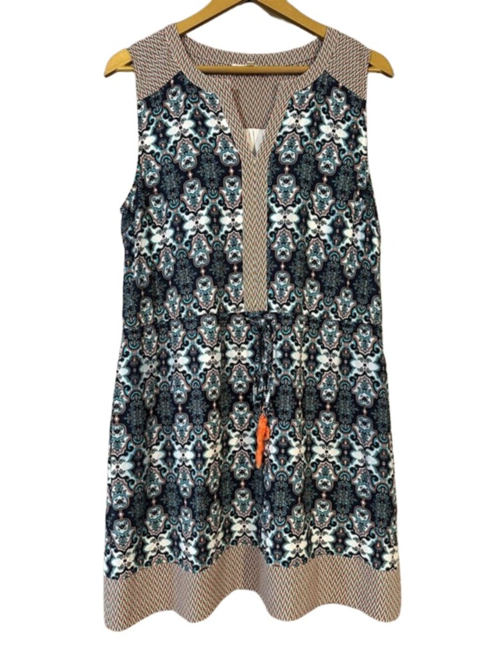 DR2 Printed Mini Dress Tassel Tie Navy Teal Sleeveless
